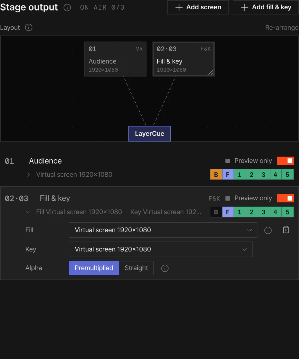 The Stage output window with the fill & key row of outputs 02·03 open: Fill and Key each on a screen, Alpha set to Premultiplied, B off