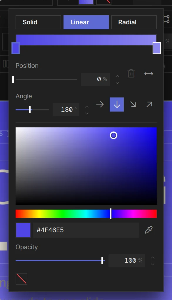 Fill set to Linear on a rectangle: the gradient band with its colour stops, the angle and the colour picker