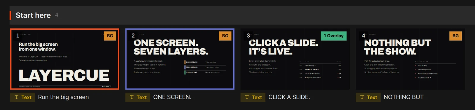 Slide cards with layer chips: BG on slide 1 and an overlay chip on another slide