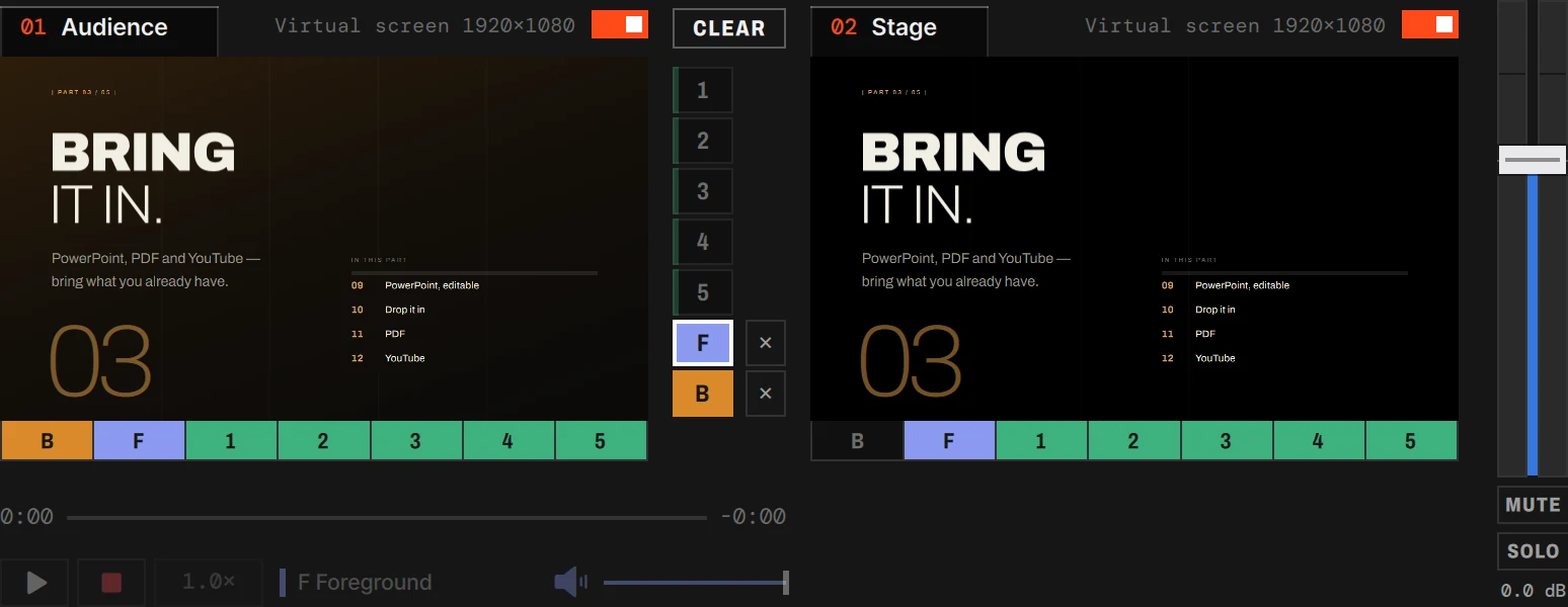 The top band with two monitor tiles: 01 Audience showing every layer and 02 Stage with the background cell off, while a slide is on air