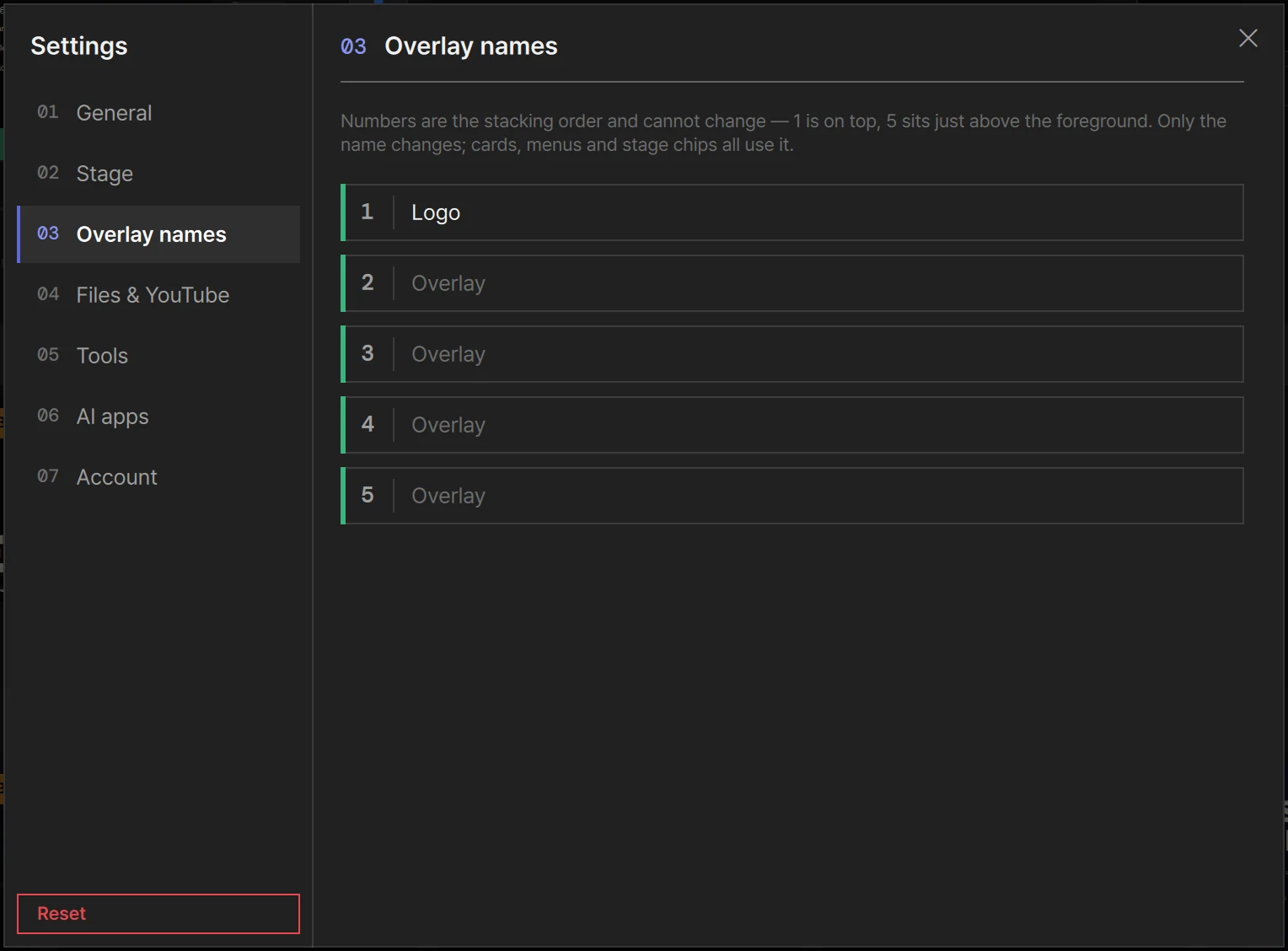Settings › Overlay names with overlay 1 named Logo