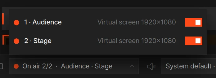 The status bar’s on-air chip opened: the list of monitors with their power switches