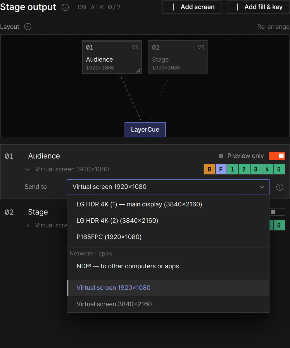 The Send to list open: the screens that are plugged in, NDI® under Network · apps, then the virtual screens