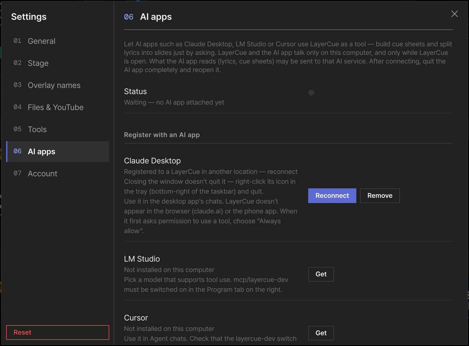 Settings › AI apps with Claude Desktop connected