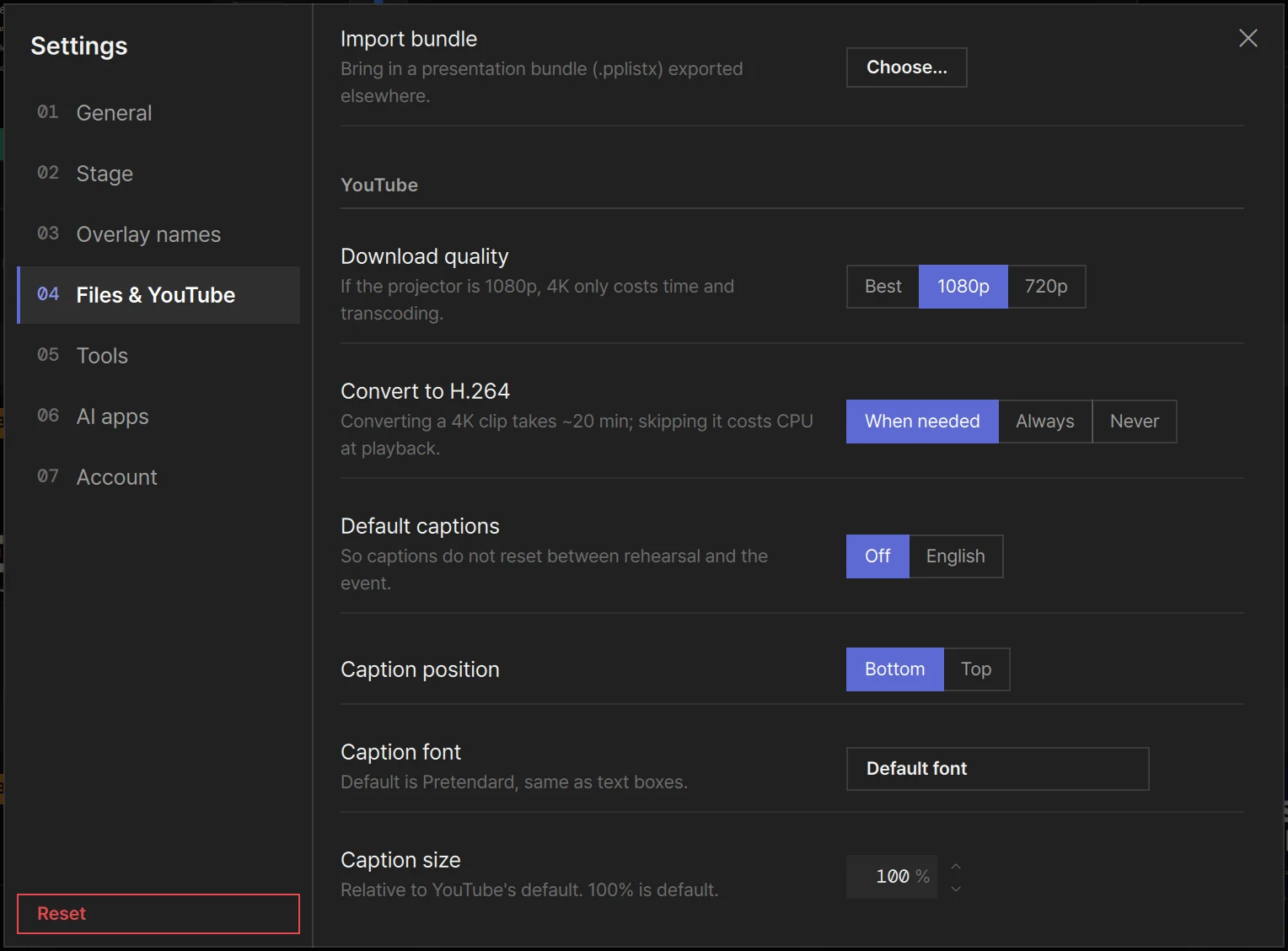 Settings › Files & YouTube with Caption position, Caption font and Caption size