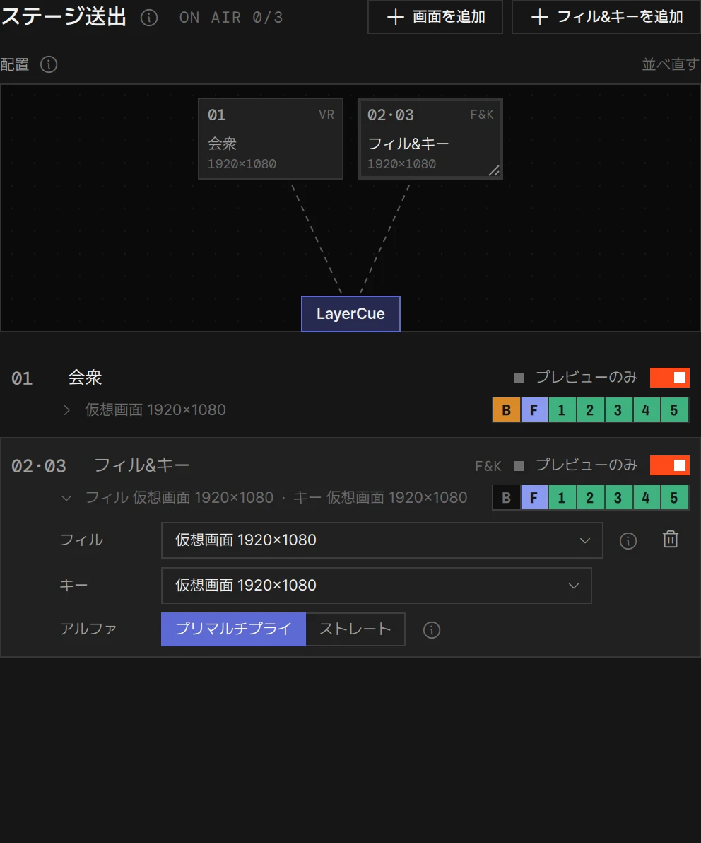 出力 02·03 のフィル&キーの行を開いたステージ送出ウィンドウ:フィルとキーにそれぞれ画面、アルファはプリマルチプライ、B はオフ