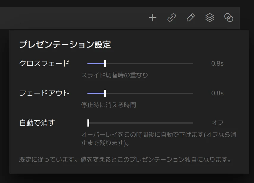 プレゼンテーション設定のパネル: クロスフェード・フェードアウト・自動で消す(既定値に従っている状態)